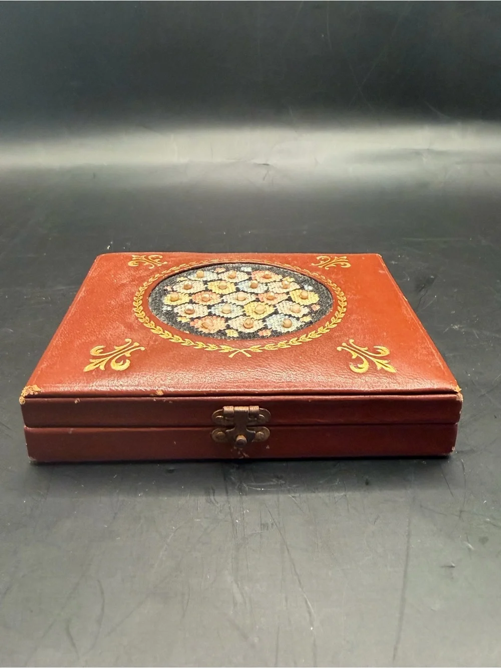 Vintage Faux Leather Floral Needlepoint Keepsake Jewelry Box